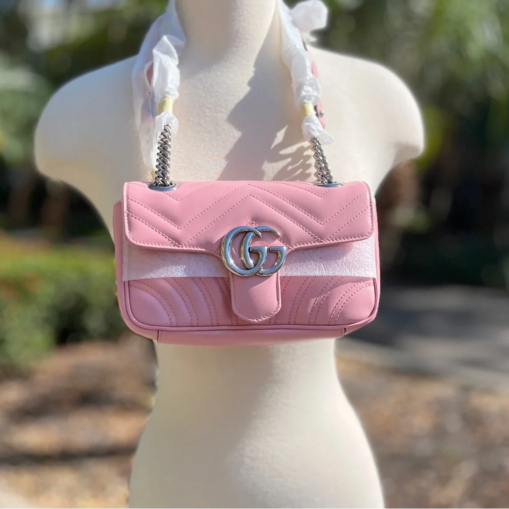 Gucci Pink Mini Marmont Purse Bag 446744 Logo Silver Hardware Leather Heart - Picture 1 of 17